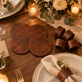 Handmade leather coasters and napkin rings personalized with a wedding date, set on a candlelit dinner table